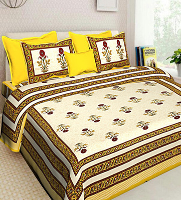 DREAMPOINT Cotton King Flat 210 TC Floral Bedsheet(Pack of 1, Yellow, beige)