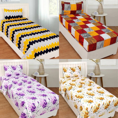 HSR Collection 144 TC Microfiber Single 3D Printed Flat Bedsheet(Pack of 4, Multicolor)