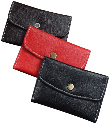 MATSS Faux Leather Mini Wallet for Men and Women ATM Card Case 4 Card Holder(Set of 3, Brown, Red, Black)