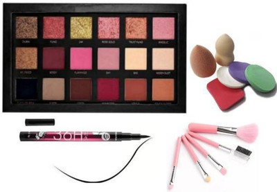 BR Belle Rosa Rosegold eyeshadow textured + 5 makeup brush + 6 in 1 puff + eyeliner(4 Items in the set)