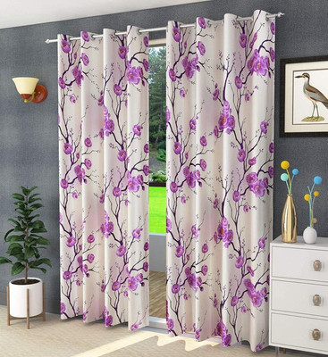 Kraftiq Homes 214 cm (7 ft) Polyester Semi Transparent Door Curtain (Pack Of 2)(Floral, Purple)