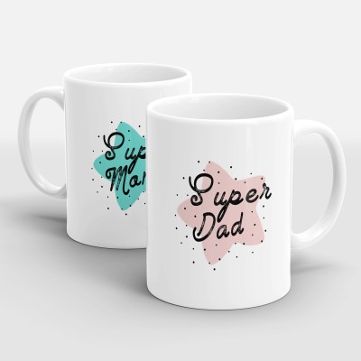 Sublikraft Super Mom Dad Printed Ceramic Coffee Mug(330 ml, Pack of 2)