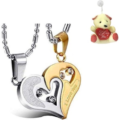 Om Jewells Valentines Collection Gold and Rhodium Plated Dual Heart Love Pendant Necklace for Couples a Perfect Proposal Gift with Teddy Bear Gold-plated, Rhodium Crystal Alloy Pendant