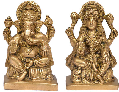 Kuber Handicraft Brass Pair of Laxmi Ganesh ji Decorative Showpiece  -  10 cm(Brass, Gold)