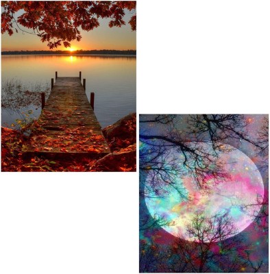 surmul 30.48 cm Nature Sunrise and Moon Combo Poster Fully Waterproof Vinyl Sticker Print for Living Room, Bedroom Removable Sticker(Pack of 1)