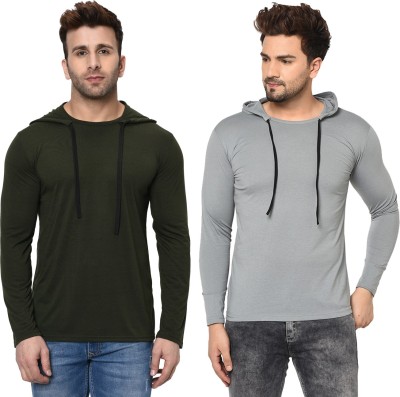 Unite Wear Solid Men Hooded Neck Green, Grey T-Shirt