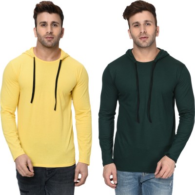 Unite Wear Solid Men Hooded Neck Dark Green, Yellow T-Shirt