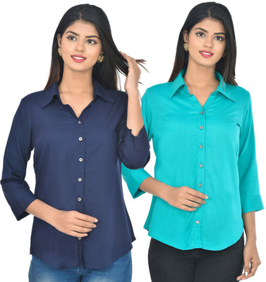 FABISHO Women Solid Casual Light Blue, Dark Blue Shirt(Pack of 2)