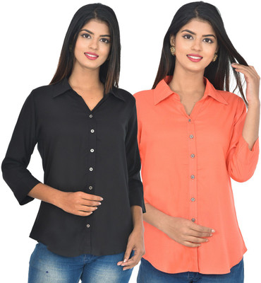 FABISHO Women Solid Casual Black, Orange Shirt(Pack of 2)