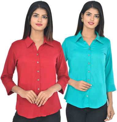 FABISHO Women Solid Casual Maroon, Light Blue Shirt(Pack of 2)