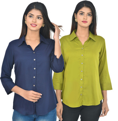 FABISHO Women Solid Casual Dark Blue, Green Shirt(Pack of 2)