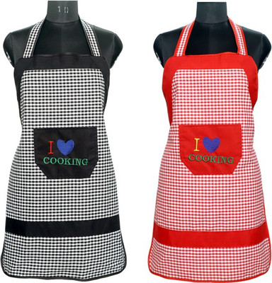 JMI Cotton, Polyester Home Use Apron - Free Size(Black, Red, Pack of 2)
