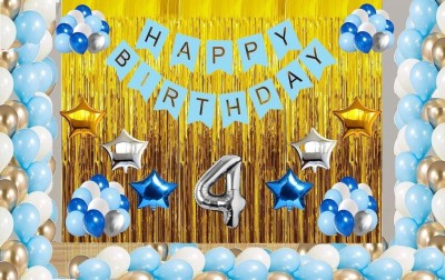 Gleam Solid Happy Birthday Sky Blue Set of 13 Letters with 30 HD Metallic Silver , White & Sky Blue Balloons , 2 Gold Curtains , 2 Gold Star , 2 Silver Star & 2 Blue Star Foil Balloons and 4 Year Silver Foil Balloons Balloon(Black, White, Blue, Pack of 50)