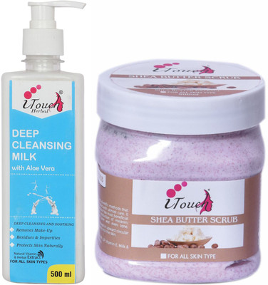 I TOUCH HERBAL SHEA BUTTER SCRUB 500 ML AND DEEP CLEANSING MILK 500 ML (PACK OF 2 X 500 ML )(2 Items in the set)