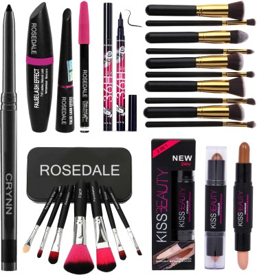 Crynn Smudge Proof Essential Makeup HD17 Rosedale Beauty Kajal & Kiss Beauty Concealer Highlighter Contour Stick & Yanqina 36H Deep Black Eyeliner & Rosedale 3in1 Eyeliner , Mascara , Eyebrow Pencil & 10in1 Makeup Brush Set(23 Items in the set)