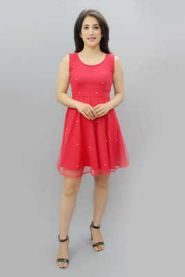 CRAZEVILLA Women Fit and Flare Red Above Knee/Mid Thigh Length Dress