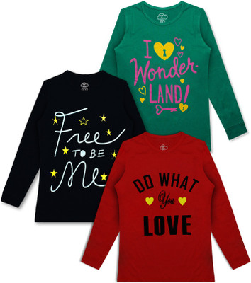 MIST N FOGG Girls Printed Cotton Blend Regular T Shirt(Multicolor, Pack of 3)