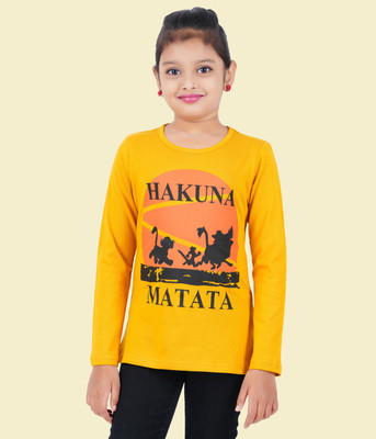 DISNEY BY MISS & CHIEF Girls Typography, Printed Pure Cotton Regular T Shirt(Yellow, Pack of 1)