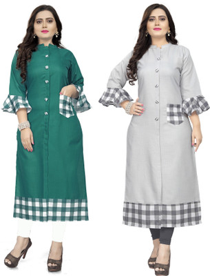 Lerkiza Women Checkered Straight Kurta(Multicolor)