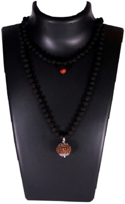 SHIVOHAM 7 Mukhi Guru Mani / Bead (5 Mukhi Black Rudraksha Mala) German Silver Cap Wood Necklace