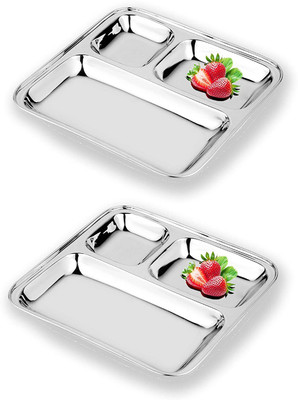 Anne-kee 2 PCs Stainless Steel Dinner Plate Pav Bhaji Plate Snacks Plate Tray Dish Samosa Idli Plate Rice Plates(2 Rice Plates)