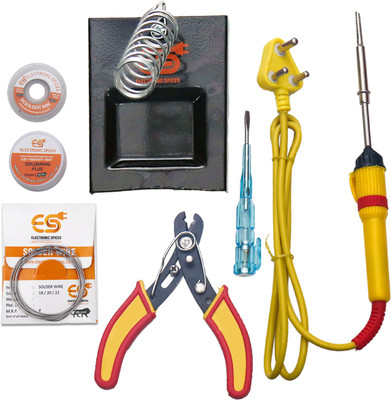 Electrosmart (7 in 1) 25watt Soldring Iron Starter Kit + Paste + Desolder Wire + Soldring Stand + Solder wire + cutter + Tester For electronic projects 25 W Simple(Pointed Tip)