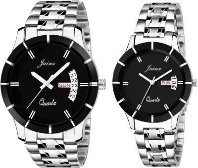 Jainx Black Dial Day & Date Function Stainless Steel Chain Analog Watch  - For Couple