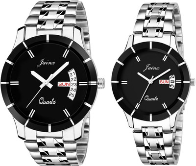 Jainx Black Dial Day & Date Function Stainless Steel Chain Analog Watch  - For Couple