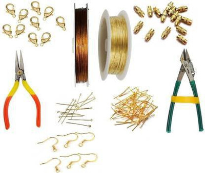 AN Sunshine Gear Wire/Tiger Tail, Copper Wire, Golden Findings (Head Pin, Eye Pin, Jump Ring, Ear Hook), End Clasps(Barrel & Lobster) & Tools(Cutting & Bending) Combo for jewellery making,beading & other craft projects