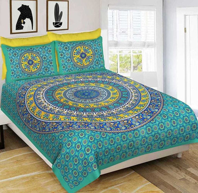 E ELMA Cotton Double Flat 144 TC Jaipuri Prints Bedsheet(Pack of 1, Blue)