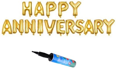 De-Ultimate Solid Golden Color Happy Anniversary Alphabets /Letters Foil Golden Color Balloons for Anniversary Party with Portable Hand Held Air Pump for Letter Foil Balloon(Multicolor, Pack of 16)