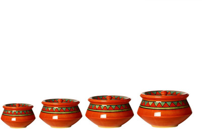 caffeine Ceramic Handmade Rustic Brown Serving Haandi Pack of 4 Serve Casserole Set(1000 ml, 500 ml, 3000 ml, 2000 ml)