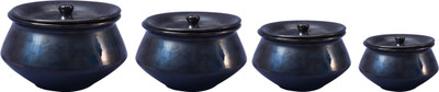 caffeine Ceramic Handmade Black Ferrous Serving Haandi Pack of 4 Cook and Serve Casserole Set(1200 ml)
