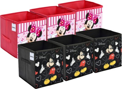 Billion Designer Disney Print Non Woven Fabric 6 Pieces Foldable Large Size Storage Cube Toy,Books,Shoes Storage Box With Handle (Black & Pink) Billion02389(Black & Pink)