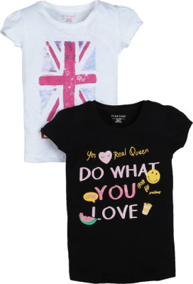 Plum Tree Girls Printed Pure Cotton Regular T Shirt(Multicolor, Pack of 2)