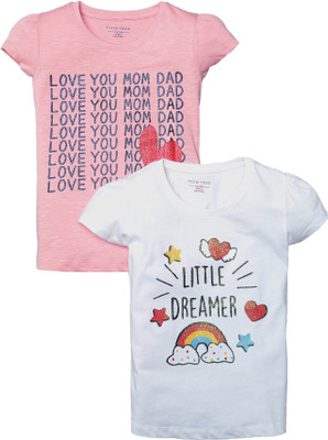 Plum Tree Girls Printed Pure Cotton Regular T Shirt(Multicolor, Pack of 2)