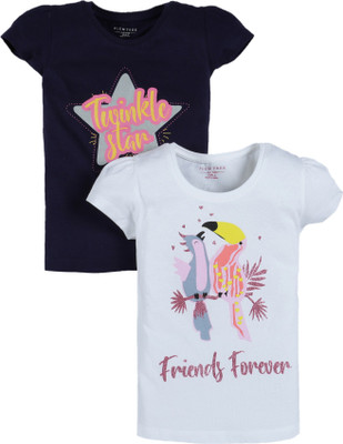 Plum Tree Girls Printed Pure Cotton Regular T Shirt(Multicolor, Pack of 2)