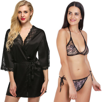 Fashion Count Women Robe and Lingerie Set(Black, Black)