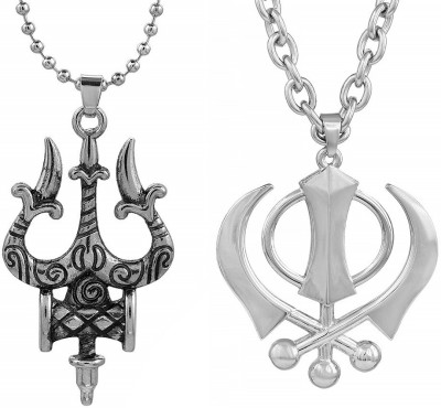 Stylewell (Set Of 2 Pcs) Unisex CMB7100 Combo Of Metal Fancy & Stylish Lord Shiva Trishul With Damru Mahadev Bolenath Mahakal Locket And Chrome Finish Wahe Guru Ji Punjabi Khanda Sikh Sardar Khalsa Logo Pendant Necklace With Chain Silver Metal Pendant Set