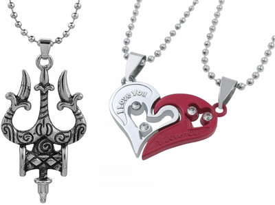 Stylewell (Set Of 2 Pcs) Unisex CMB7094 Combo Of Metal Fancy & Stylish Lord Shiva Trishul With Damru Mahadev Bolenath Mahakal Locket And Valentine's Day I Love You Diamond Nug Broken Heart Romantic Love Couple 2 In 1 Duo Pendant Necklace With Chain Silver Metal Pendant Set Stylewell (Set Of 2 Pcs) Unisex CMB7094 Combo Of Metal Fancy & Stylish Lord Shiva Trishul With Damru Mahadev Bolenath Mahakal Locket And Valentine's Day I Love You Diamond Nug Broken Heart Romantic Love Couple 2 In 1 Duo Pendant Necklace With Chain Silver Metal Pendant Set
