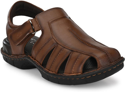 Hitz Tan Leather Comfort Sandals with Velcro Closure Men Casual(Tan , 6)