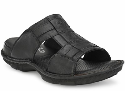 Hitz Black Leather Open Toe Comfort Slippers Men Sandals(Black , 9)