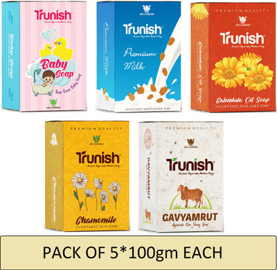 Trunish Almond And Olive Oil Baby Soap And Premium Milk And Almond Ayurvedic Moistuirser Soap And Calendula Oil Ayurvedic Skin Care Soap And Chamomile Ayurvedic Skin Soap And Gavyamrut Ayurvedic Cow Dung Soap(5 x 100 g) Trunish Almond And Olive Oil Baby Soap And Premium Milk And Almond Ayurvedic Moistuirser Soap And Calendula Oil Ayurvedic Skin Care Soap And Chamomile Ayurvedic Skin Soap And Gavyamrut Ayurvedic Cow Dung Soap(5 x 100 g)