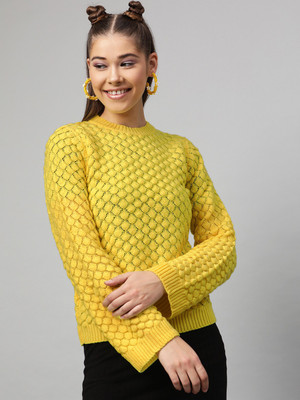 STREET9 Printed Round Neck Casual Women Yellow Sweater