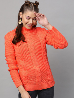 STREET9 Self Design Turtle Neck Casual Women Orange Sweater