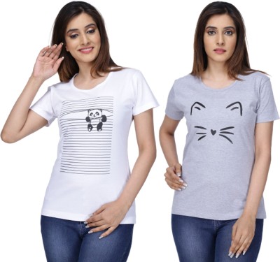 NEO GARMENTS Printed Women Round Neck White, Grey T-Shirt