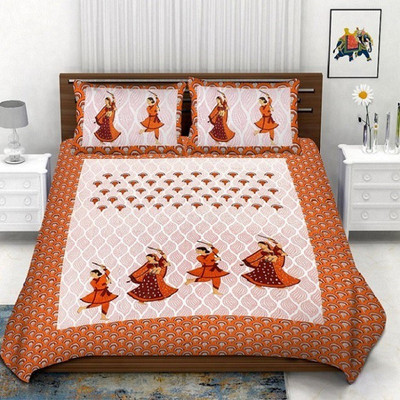 SHREYA ENTERPRISESS Cotton Double Flat 300 TC Jaipuri Prints Bedsheet(Pack of 1, Orange, White)