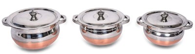 RBGIIT Stainless Steel Decorative Bowl kitchenware Stainless Steel & Copper Handle handi / Bow With Lidl Cookware Multi Purpose Handi (3-Pieces With Lid) Handi 2.2 L, 1 L, 0.55 L with Lid Premium Handi Set in Stainless Steel Copper Bottom with Lid and Handle Handi for Cooking Serving Rice or Biryani