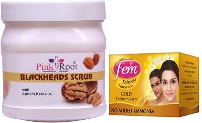 PINKROOT Blackheads Scrub 500gm with Fem Gold Creme Bleach 50gm(2 Items in the set)