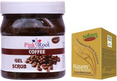 PINKROOT Coffee Gel Scrub 500gm with Nature Essence Gold Bleach Fairness Bleach Cream 50gm(2 Items in the set)